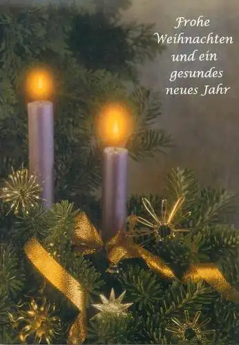 Postcard Winter Holidays greetings lit burning candles decorative ornaments Christmas tree partial view