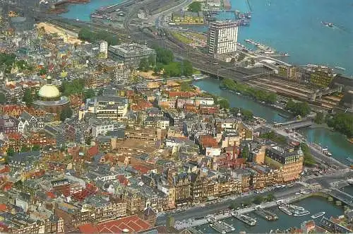 Postcard Netherland Amsterdam aerial view of Damrak Lutheran church and harbour building