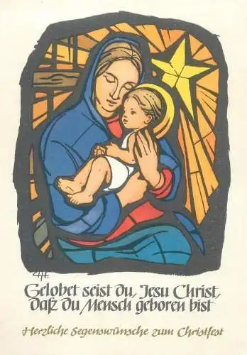 Postcard religious scene Germany Mary and child Jesus vitrail painted glass