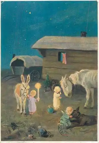 Postcard religious scene paintind angels and animals Christianity symbols