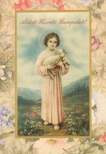 Postcard religious scene angel and sheep Aldott husveti Unnepeket 2004