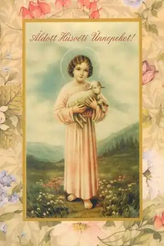 Postcard religious scene angel and sheep Aldott husveti Unnepeket