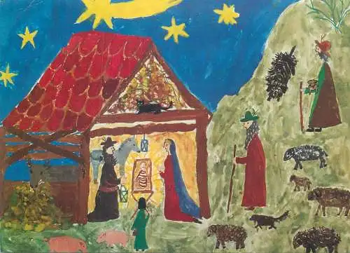 Postcard religious scene painting Jesus and nativity scene sheep magus