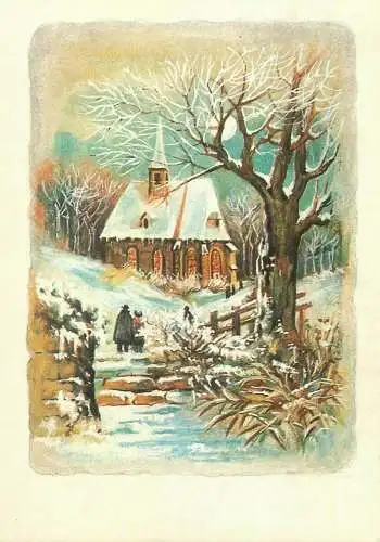 Winter Holidays greetings Christmas Post card winter day people going to church illustration