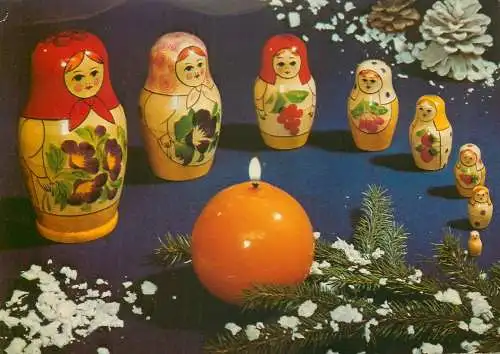 Winter Holidays greetings Christmas Post card globe-shaped lit candle and Russian dolls