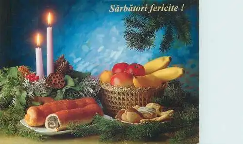 Winter Holidays greetings Postcard lit candle fruits cookies Christmas table