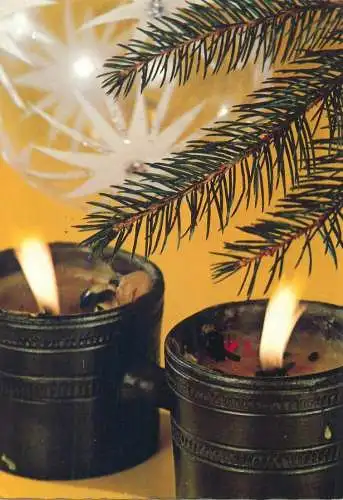 Winter Holidays greetings Christmas Postcard lit candles and globe partial view