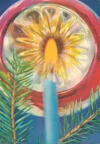 Winter Holidays greetings Christmas Postcard lit candle and globe detail view