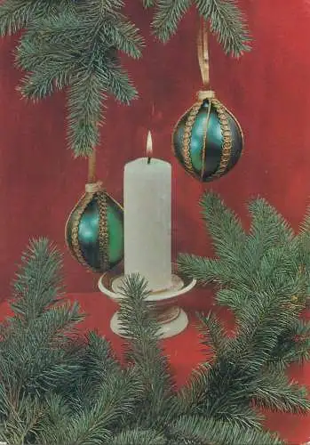 Winter Holidays greetings Christmas Post card snow-covered lit candle and globes ornaments