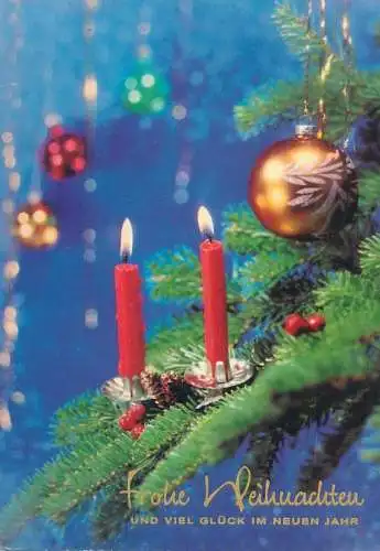 Winter Holidays greetings Postcard partial view decorated Christmas tree burning candles globe