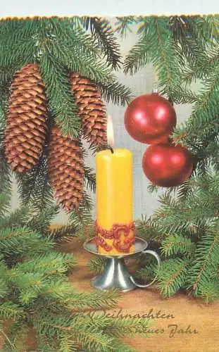 Winter Holidays greetings Postcard houses burning candle acorns globes