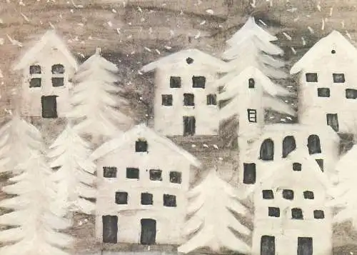 Postcard houses snowy winter day pencil drawing