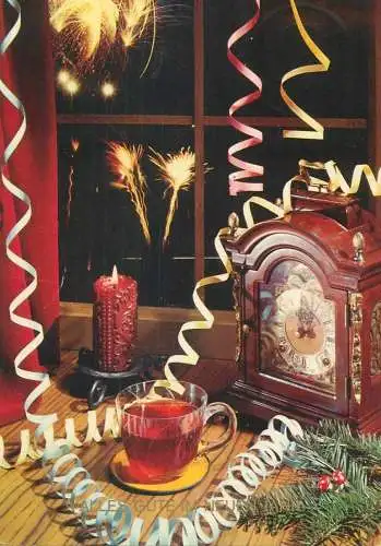 Winter Holidays greetings Christmas Postcard clock candle cup of tea