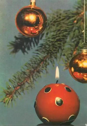 Winter Holidays greetings Christmas Postcard partial view decorated Christmas tree globes and candle