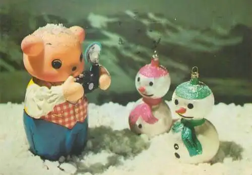 Winter Holidays greetings Postcard photographer bear and snowmen miniature toys
