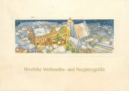 Winter Holidays greetings Postcard winter night illustration aerial view