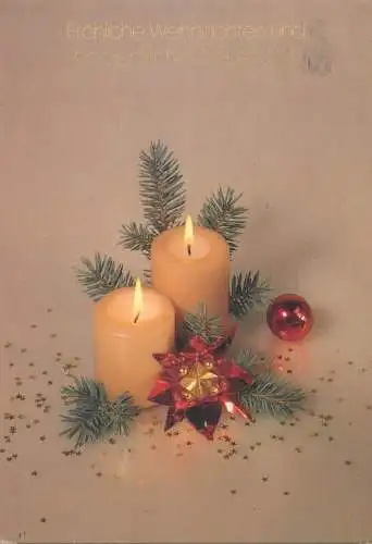 Winter Holidays greetings Postcard Christmas ornaments lit candles globe star