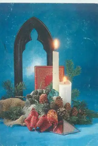 Winter Holidays greetings Postcard decorative ornament lit candles acorns