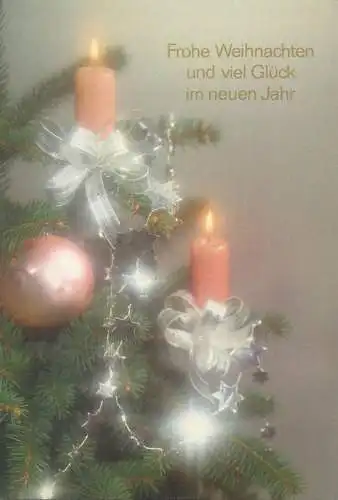 Winter Holidays greetings Postcard candles globe decorated fir tree partial view