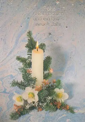Winter Holidays greetings Postcard lit candle flowers and fir tree branch decorative ornament