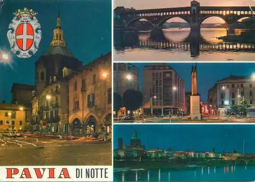 Postcard Italy Pavia di notte multi view coat of arms 1970