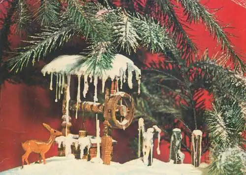 Winter Holidays greetings Postcard miniature well and deer decorative ornaments