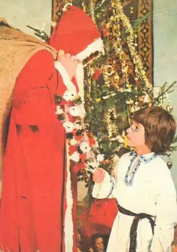 Winter Holidays Christmas Postcard young boy wearing traditional folk costume with Santa Claus