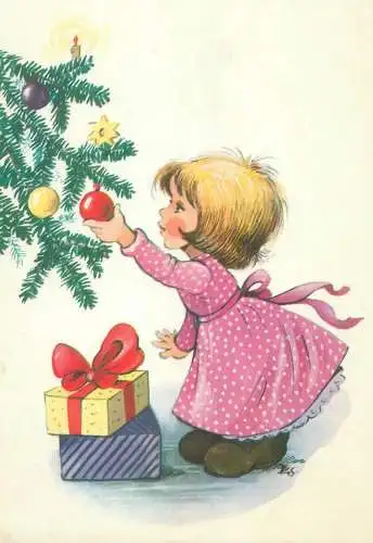 Winter Holidays greetings Fuzesi Zsuzsa signed drawing Postcard young girl decorating Christmas tree