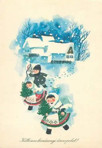 Winter Holidays greetings Christmas Kecskemety Karoly drawing Postcard types and scenes folk customs traditional costume