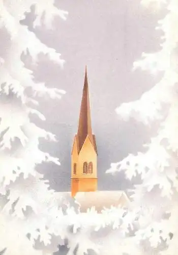 Winter Holidays greetings Christmas Postcard snow covered fir trees church tower