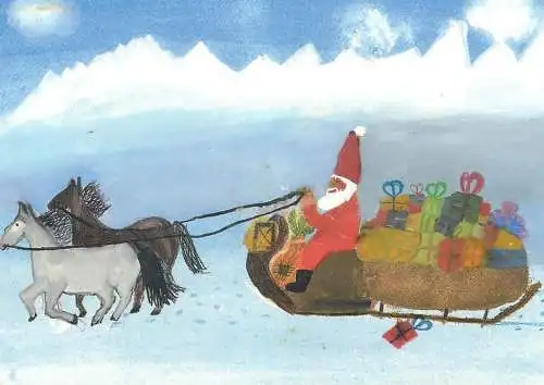 Winter Holidays greetings Postcard Santa Claus with horse drawn sleigh children drawing