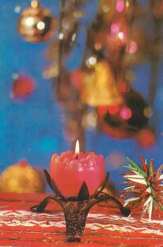 Winter Holidays greetings Postcard globes decorative ornaments lit candle