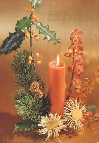 Winter Holidays greetings Postcard decorative ornament arrangement flowers fir tree branch lit candle