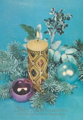 Winter Holidays greetings Postcard lit candle globes snow-white fir tree branch