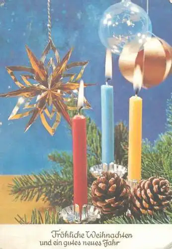 Winter Holidays greetings Postcard lit candles globes acorns fir tree branch star Christmas decorative ornaments