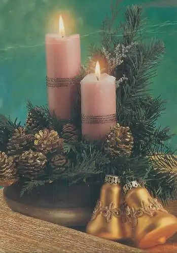Winter Holidays greetings Post card lit candles, bells and acorns decorative ornament