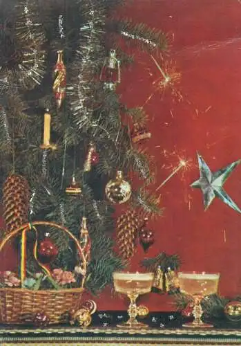 Winter Holidays greetings Post card detail view globes decorated Christmas tree, champagne glasses