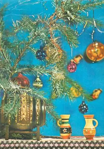 Winter Holidays greetings Post card detail view globes decorated Christmas tree, wooden barrel small jugs