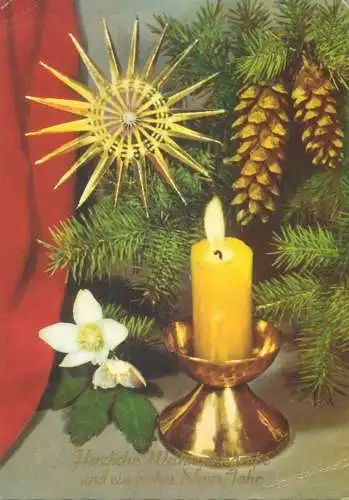 Winter Holidays greetings Post card acorns, star, lit burning candles ornament decoration