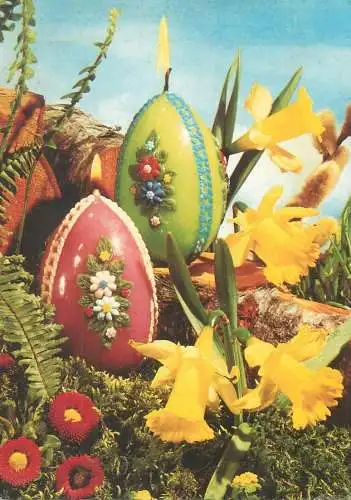 Easter greetings Postcard pencilled eggs in colourful flowery field