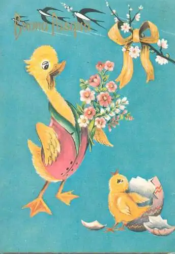 Easter greetings Postcard duck mama welcome baby duck into the world pencilled eggshell
