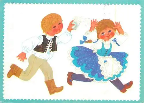 Easter greetings Postcard ethnic types drawing illustration folk traditional costumes boy and girl running