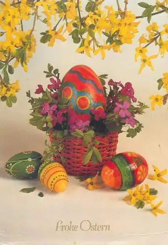 Easter Postcard Frohe Ostern flowers and pencilled eggs basket