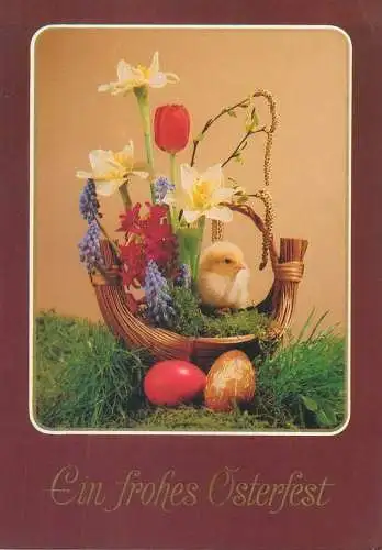 Easter Postcard illustration Ein Frohes Osterfest chicken flower basket painted eggs