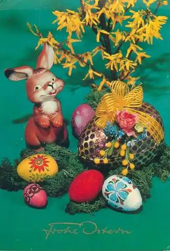 Easter Postcard Frohe Ostern greetings toy bunny pencilled eggs