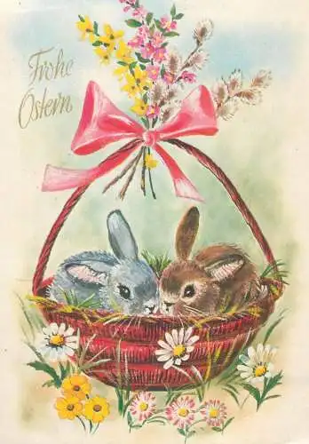 Easter Postcard Frohe Ostern greetings bunnies basket