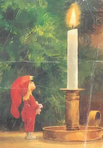 Winter Holidays greetings Postcard lit burning candle elf toy