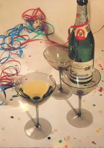 Winter Holidays greetings New Year Postcard bottle and champagne glasses