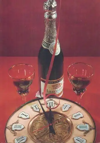 Winter Holidays greetings New Year Postcard clock bottle and champagne glasses