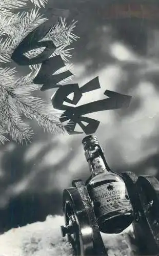 Winter Holidays greetings New Year Postcard fir tree cannon liquor bottle ornament detail view